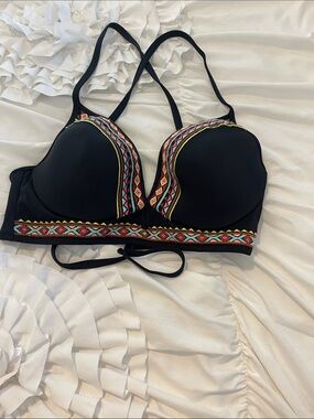Black Embroidered Bikini Top with Multicolor Accents